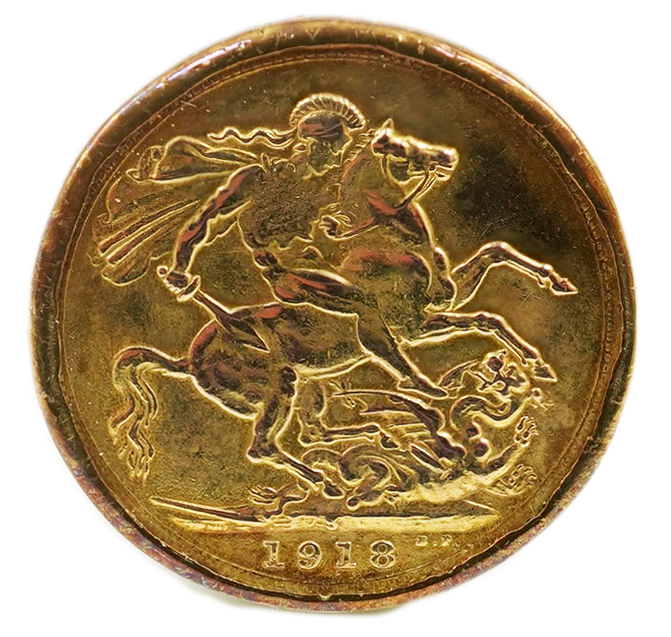 A George V 1918 gold sovereign, in a 9ct gold ring mount